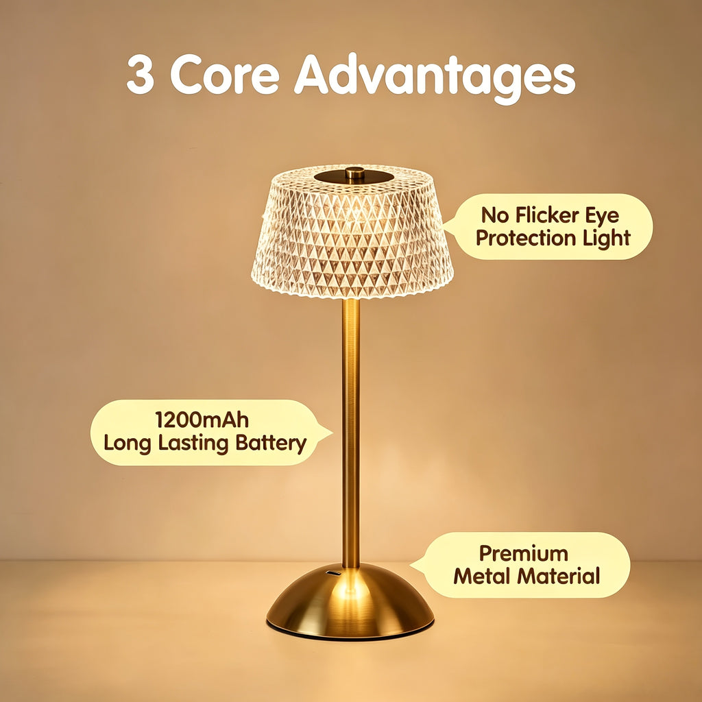 Lampe de chevet sans fil dorée, abat-jour taillé en pointes de diamant