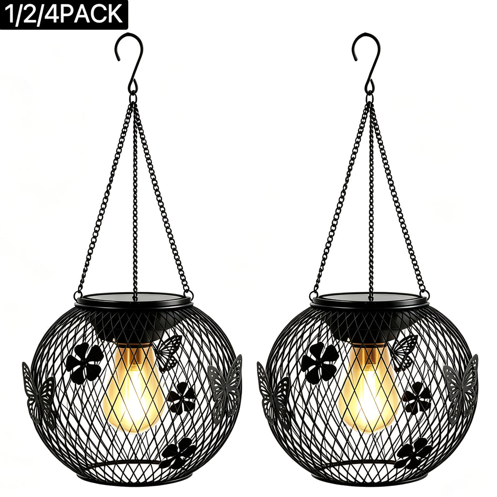 Suspension solaire boule grillagée noire, fleurs et papillons IP65