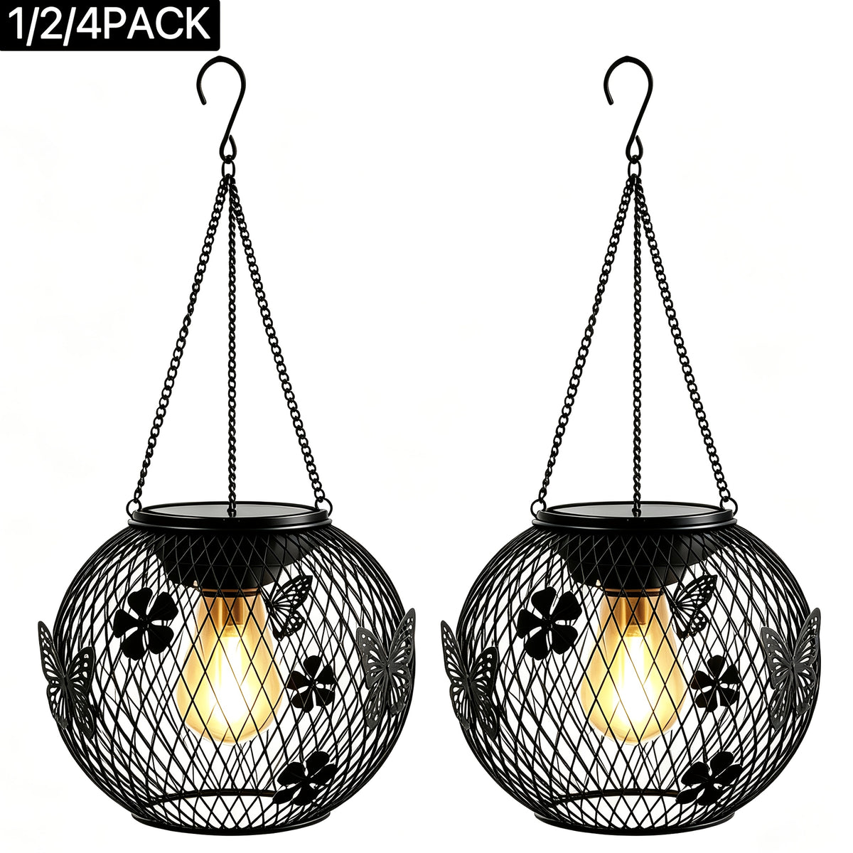 Suspension solaire boule grillagée noire, fleurs et papillons IP65