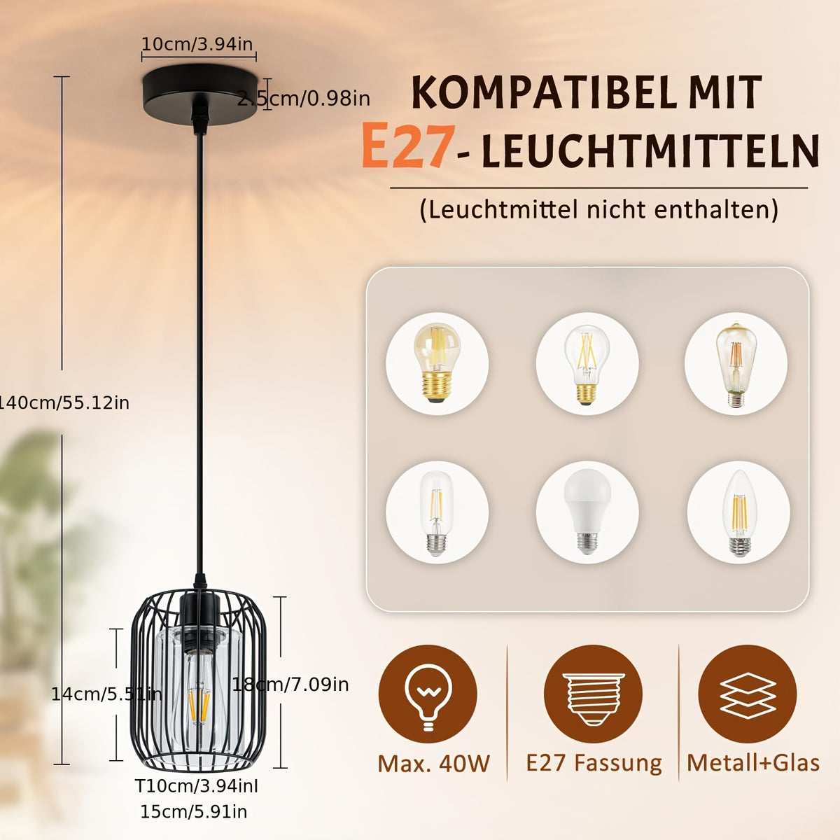 Suspension cage en métal noir avec cylindre en verre, Ø 15 cm, E27