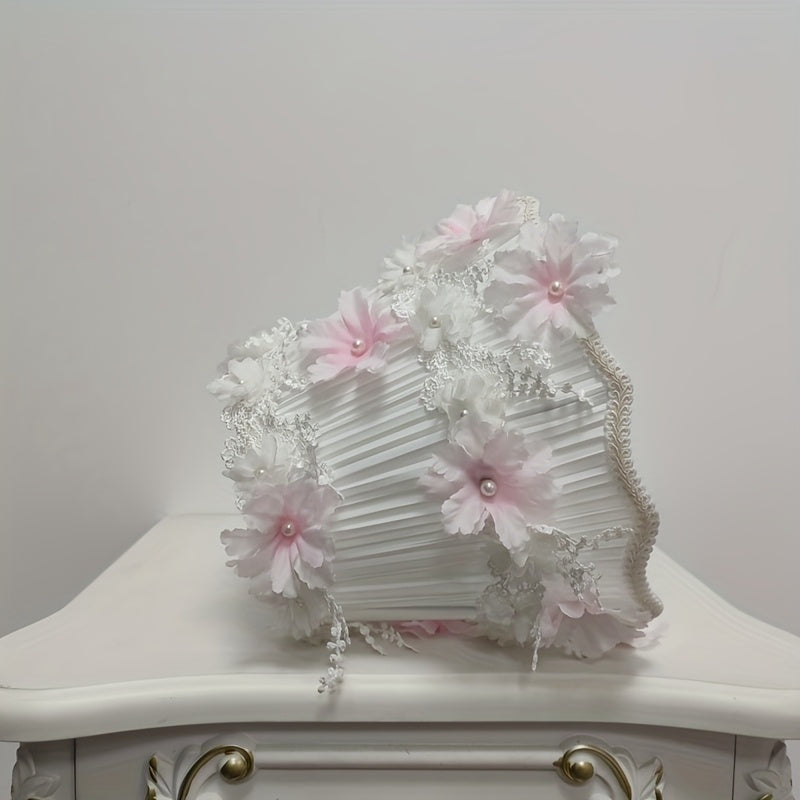 Abat-jour plissé blanc orné de fleurs roses et de dentelle, Ø 28 cm