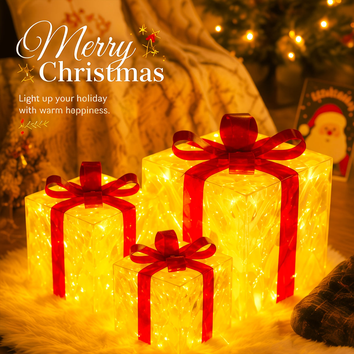 Lampe décorative de Noël, lot de 3 paquets cadeaux lumineux 60 LED