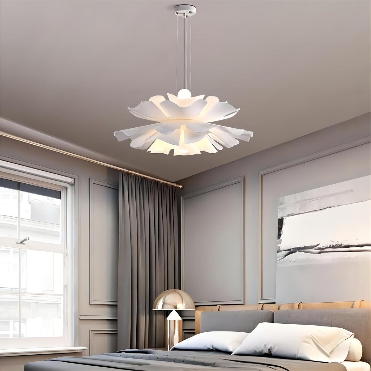 Suspension lotus à pétales blancs superposés, Ø 50 cm, douille E27