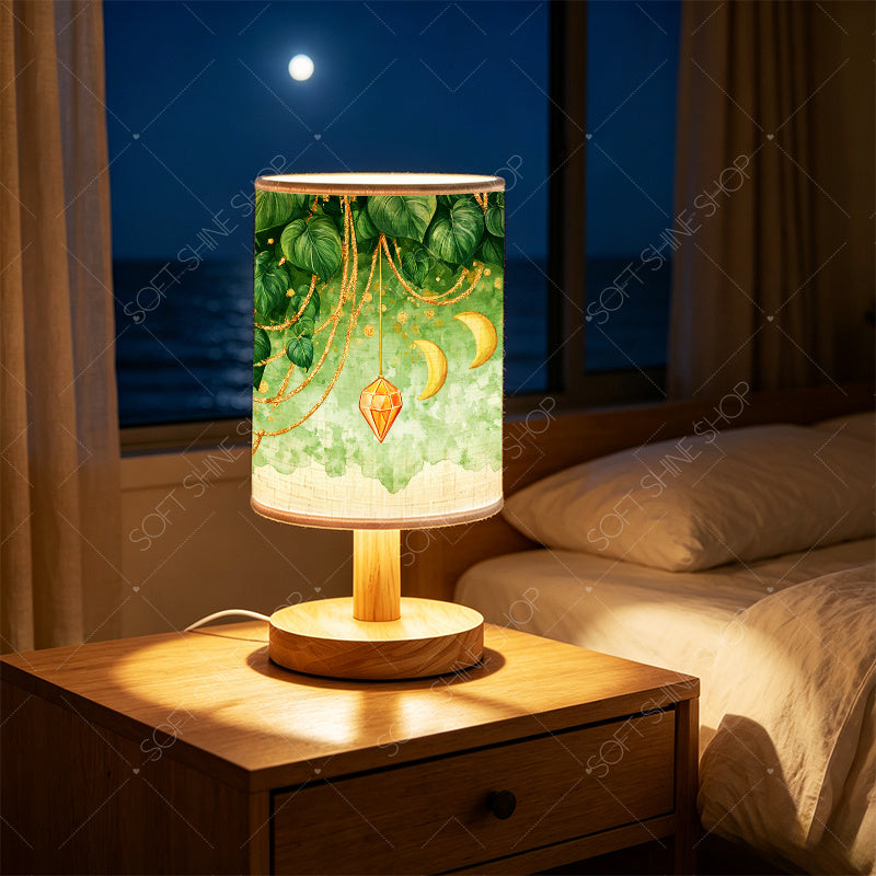 Lampe de chevet en lin à feuillage vert, lunes et cristaux dorés