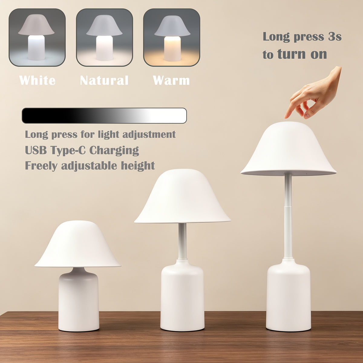 Lampe champignon blanche à hauteur réglable, sans fil et tactile