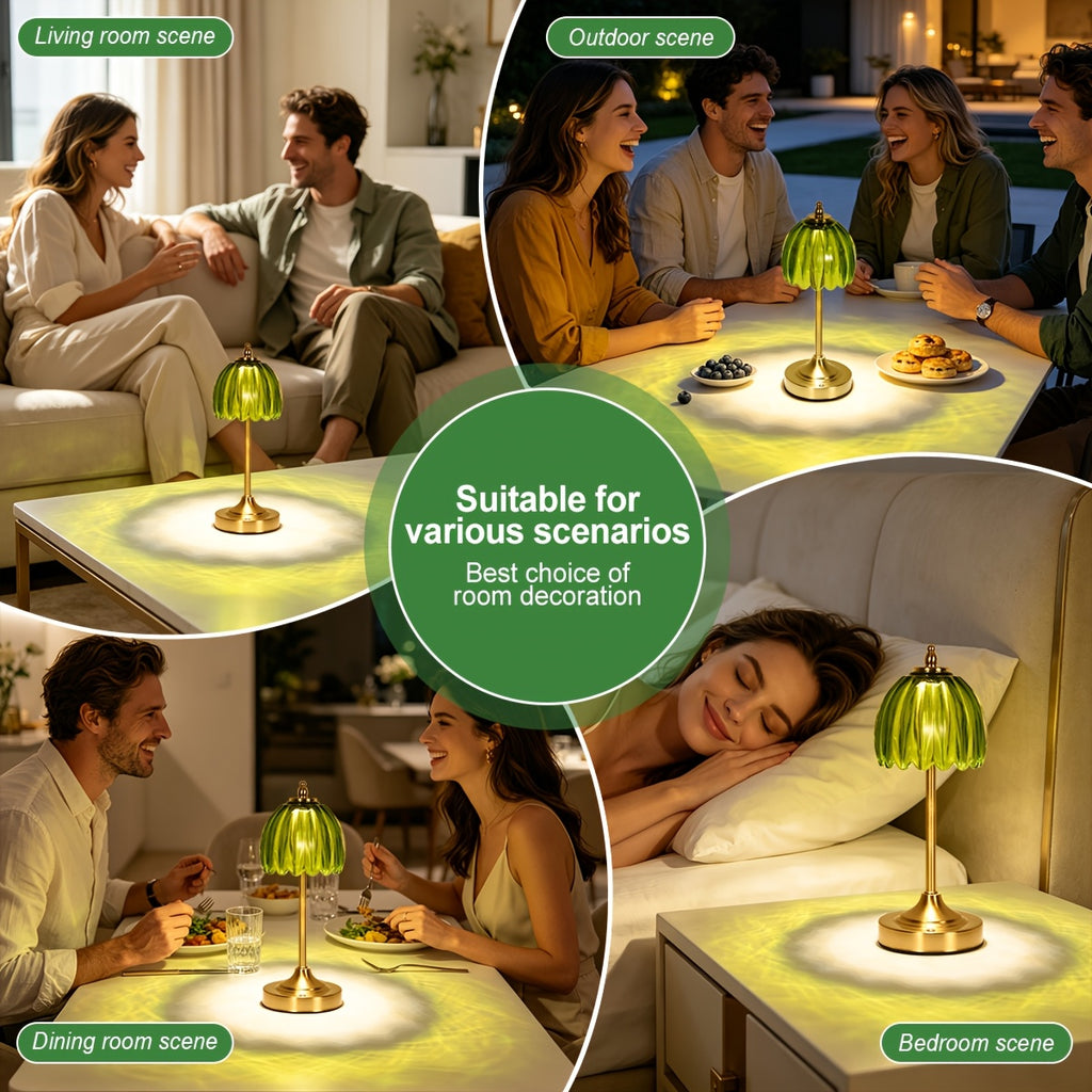 Lampe de chevet sans fil en verre nervuré vert ou orange, pied doré