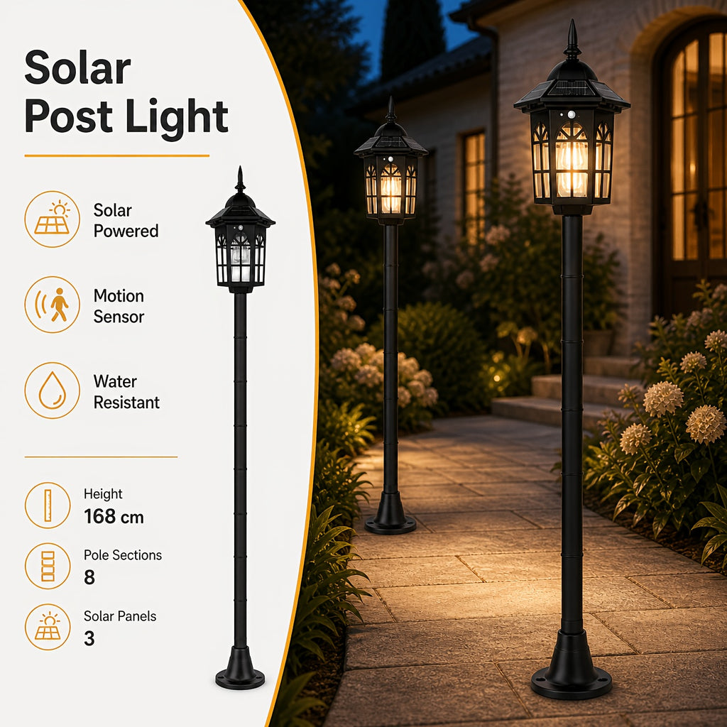 Lot de 2 lampadaires solaires 168 cm à détecteur, lanterne noire