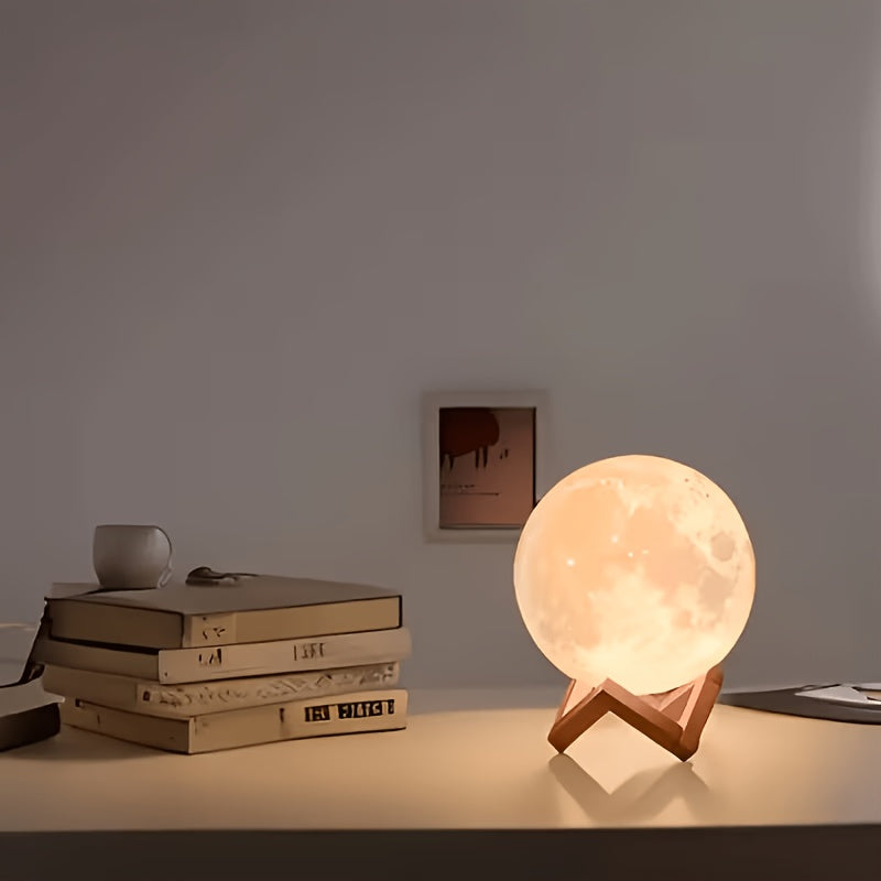 Lampe lune 3D de 10 cm sur support en bois, veilleuse à piles