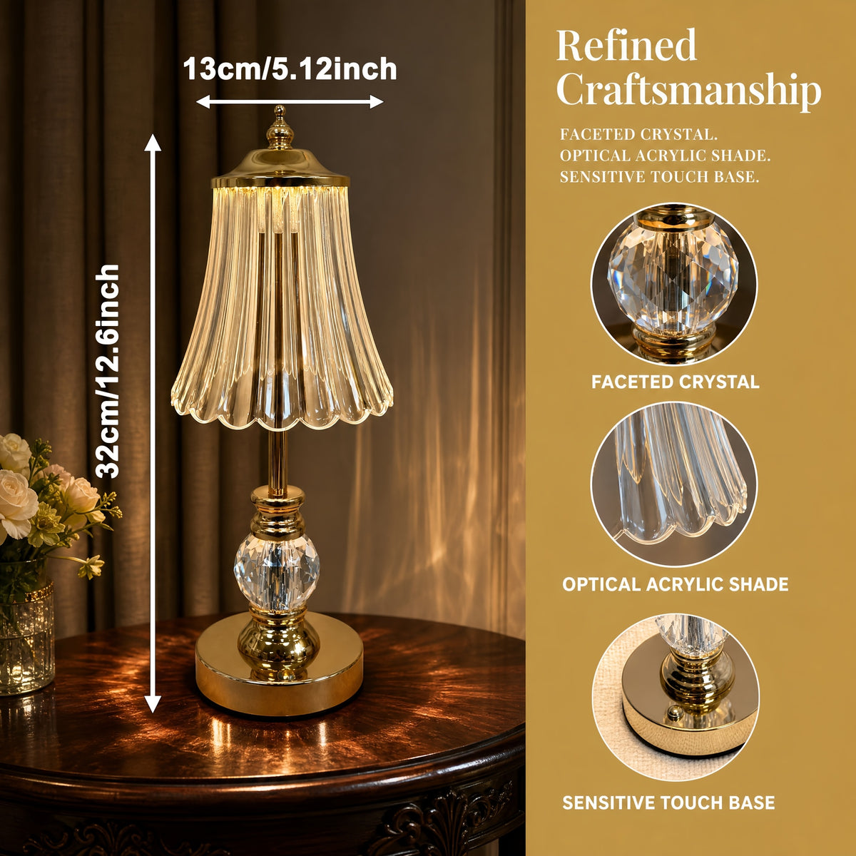 Lampe de chevet sans fil dorée, abat-jour strié et boule à facettes