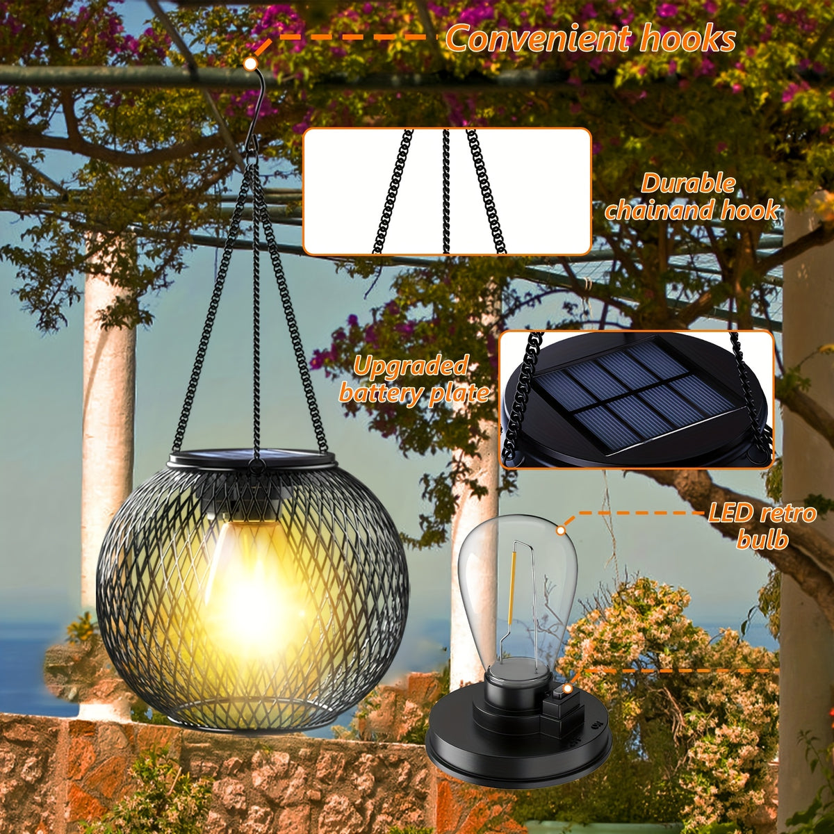 Suspension solaire boule en grillage noir à losanges, IP65