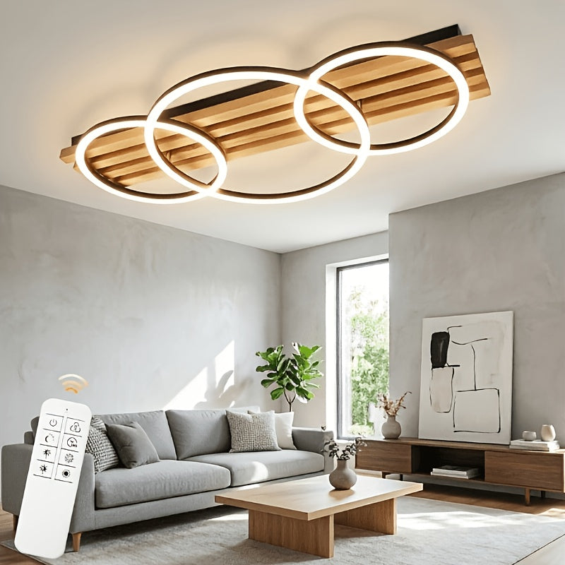 3 têtes base circulaire bande de bois lampe de plafond couleur grain de bois