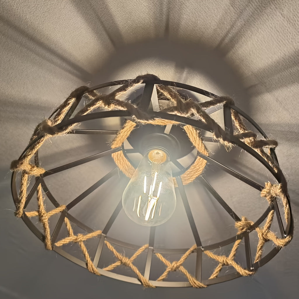Abat-jour cage vintage en métal noir et corde de chanvre, Ø 30 cm