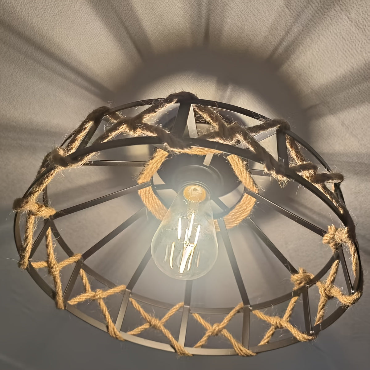 Abat-jour cage vintage en métal noir et corde de chanvre, Ø 30 cm