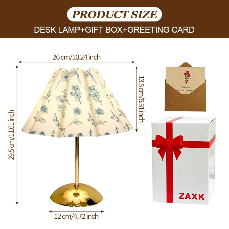 Lampe de chevet à abat-jour plissé fleurs bleues, pied doré, USB