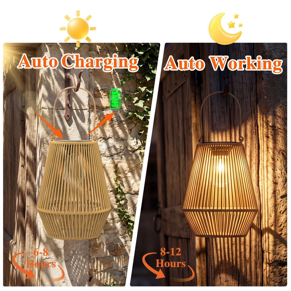 Lanterne solaire effet rotin IP65 à ampoule filament, à suspendre