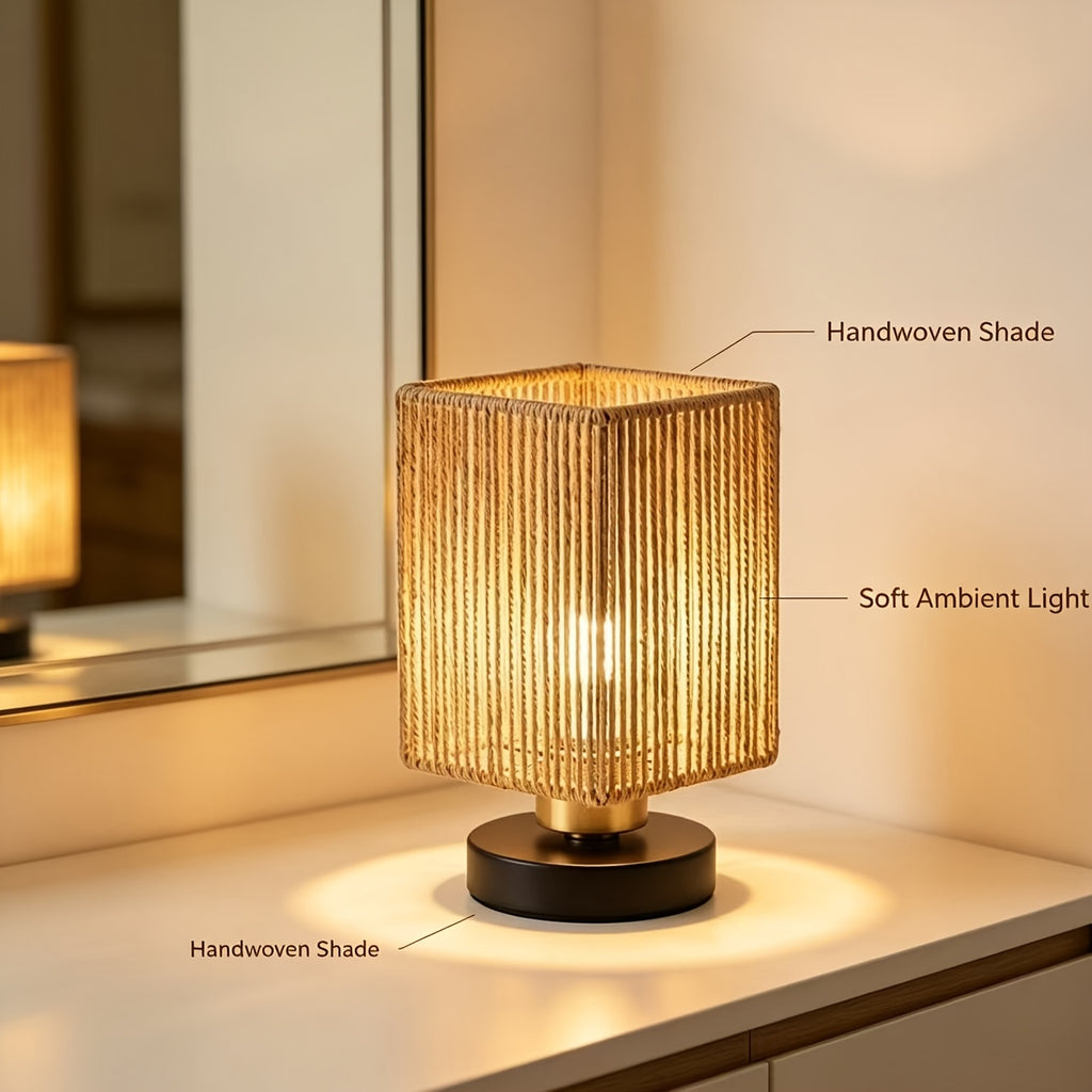 Lampe de chevet carrée en corde torsadée et socle en bois