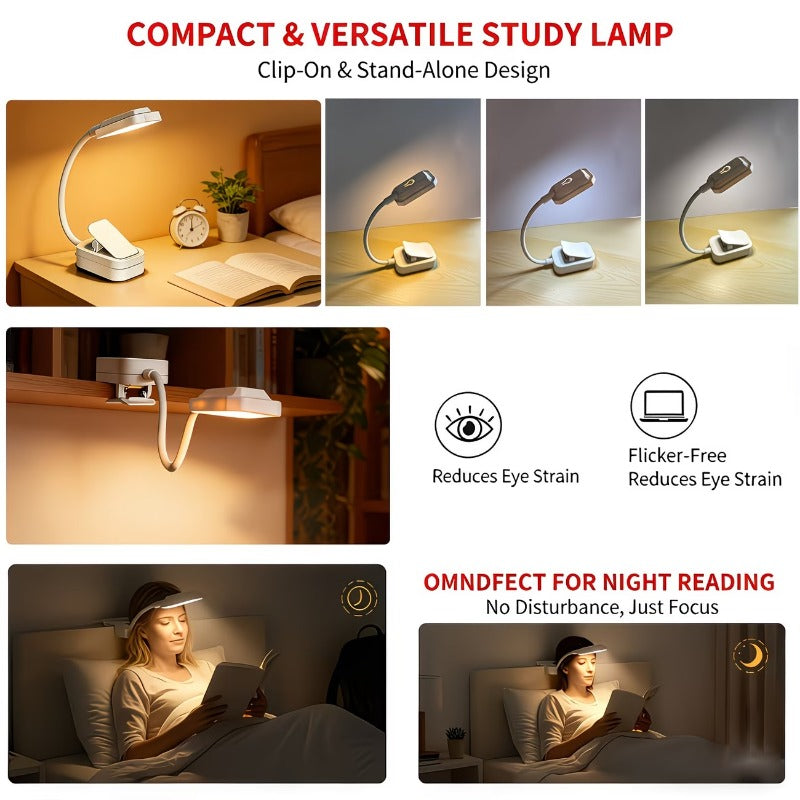Mini lampe de lecture à pince blanche, 3 teintes, socle stable