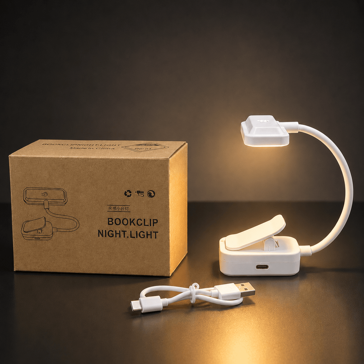 Lampe de lecture à pince blanche, col flexible 14 cm, USB-C