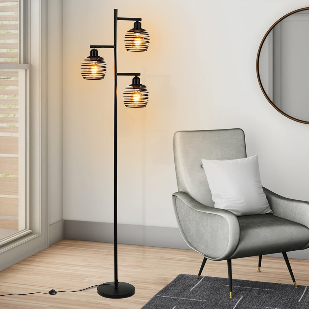 Lampadaire noir à trois cages spirale en métal, 3 lumières E27