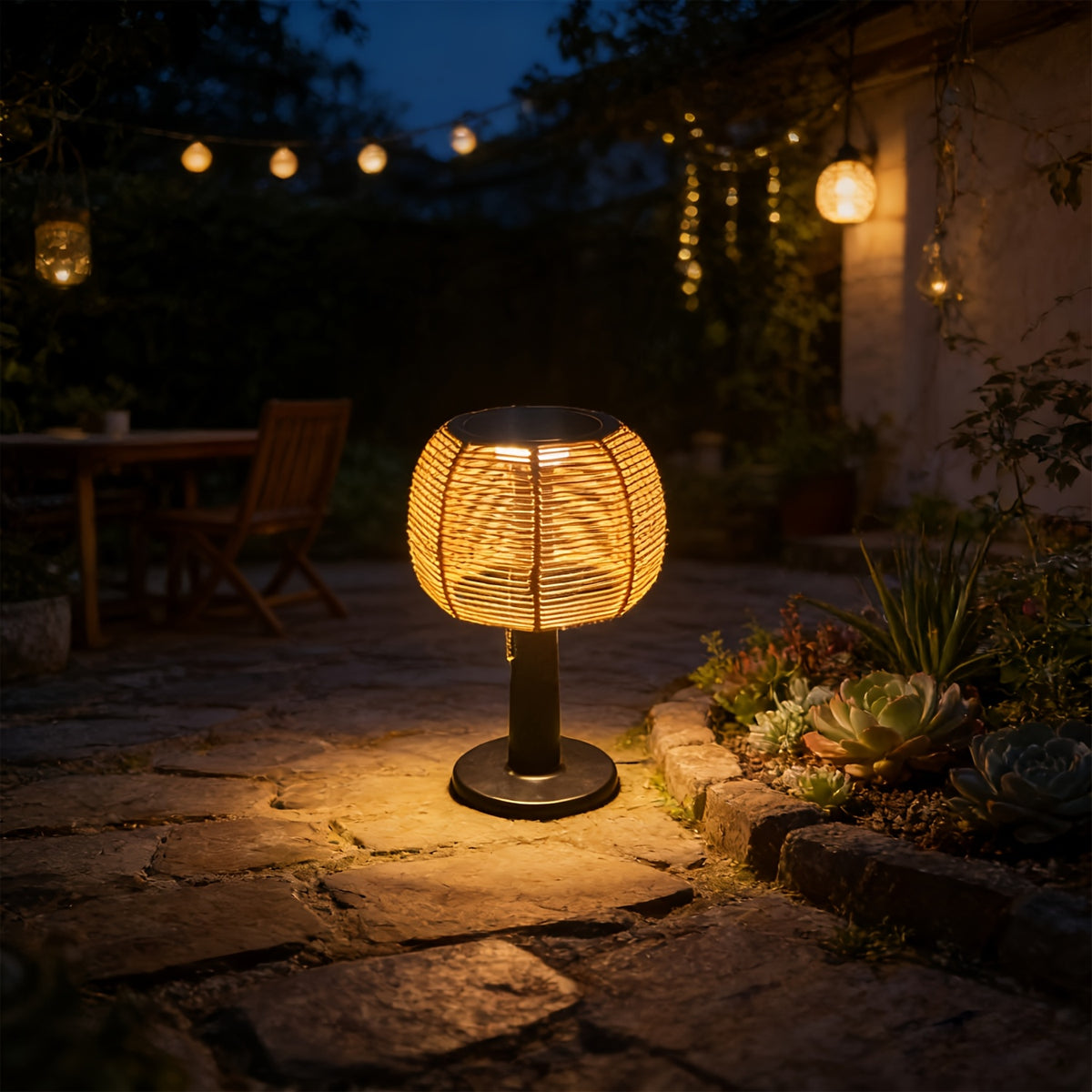 Lampe champignon solaire tressée effet rotin, chaînette, 33,5 cm