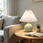Lampe de chevet boule vert pâle, abat-jour plissé blanc, USB