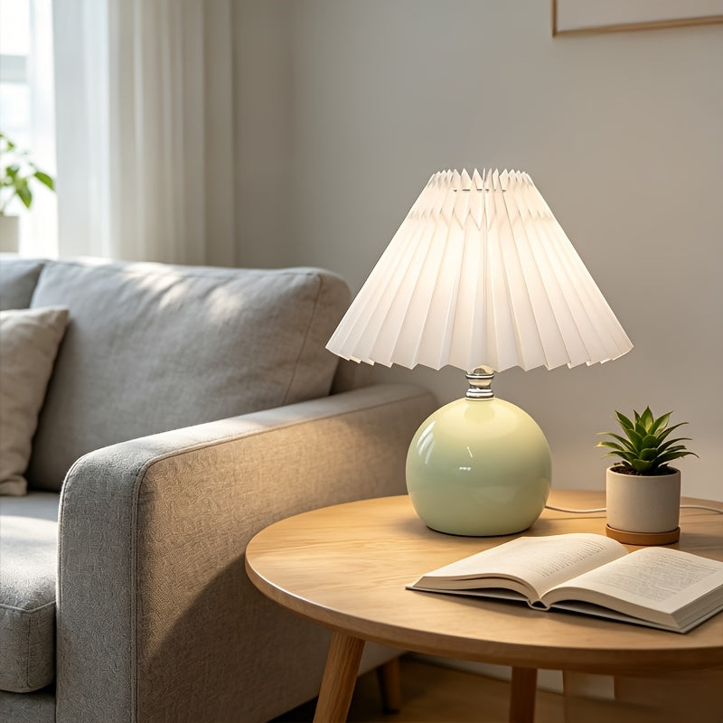 Lampe de chevet boule vert pâle, abat-jour plissé blanc, USB