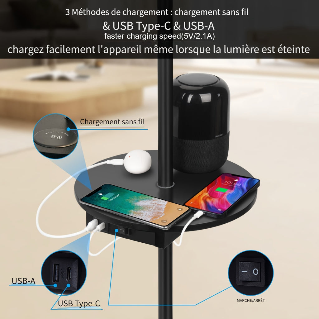 Lampadaire industriel noir avec tablette, recharge sans fil et USB