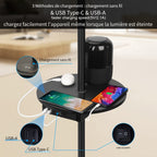 Lampadaire industriel noir avec tablette, recharge sans fil et USB