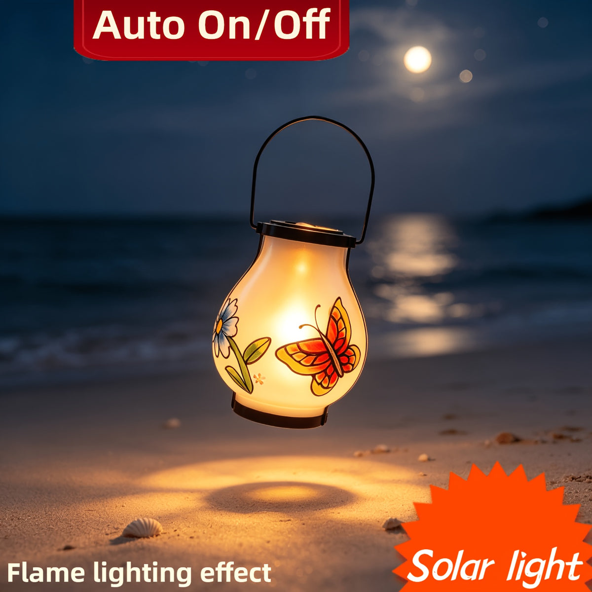 Lanterne solaire en verre dépoli à papillon peint, effet flamme