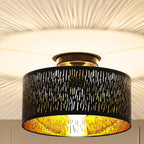Plafonnier noir abat-jour tambour en tissu ajouré, intérieur doré
