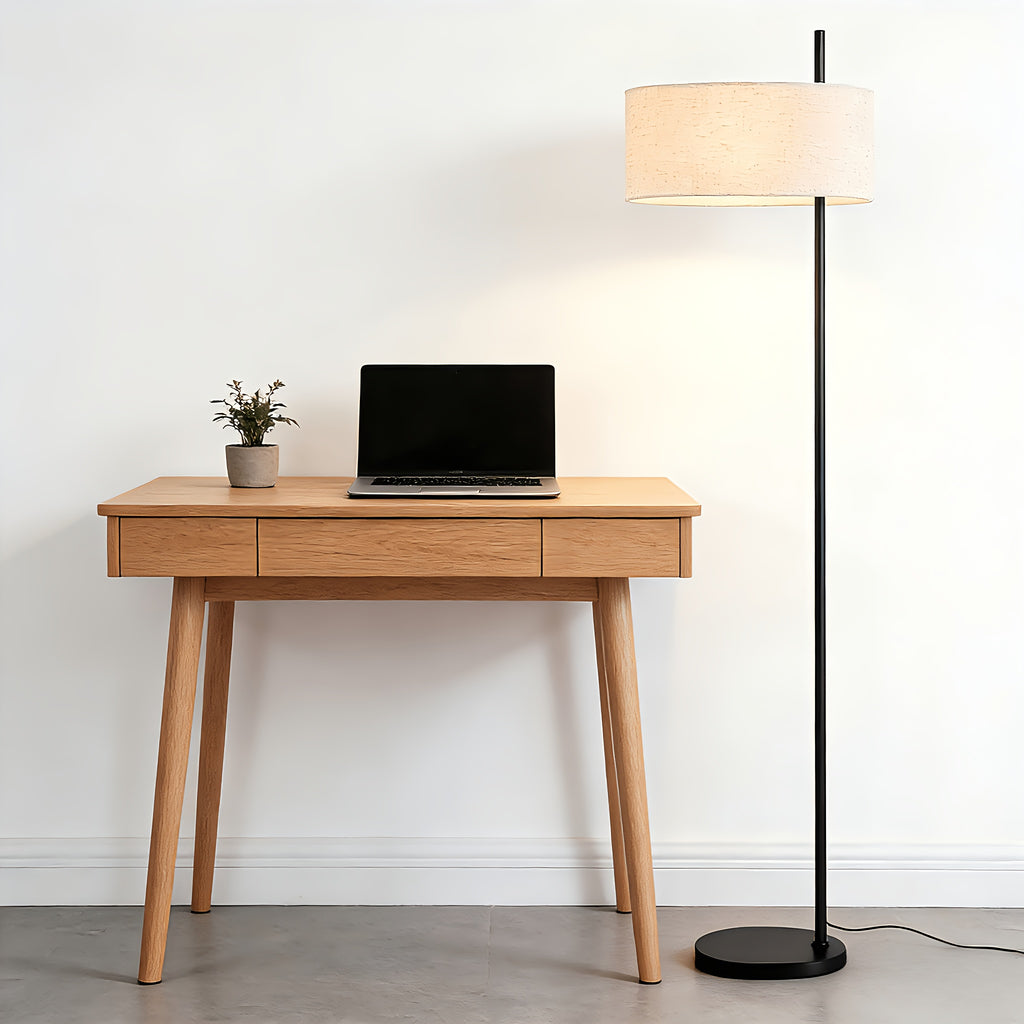 Lampadaire à abat-jour tambour en lin beige et mât noir, 154 cm