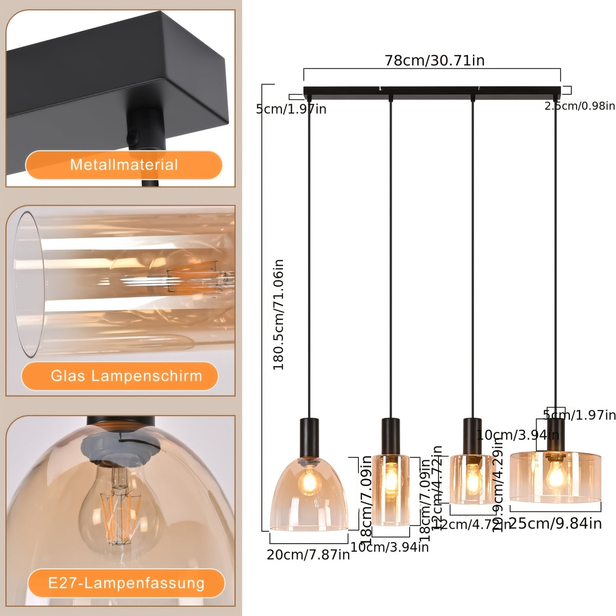 Suspension en verre ambré aux formes mêlées, 3 ou 4 lumières, E27