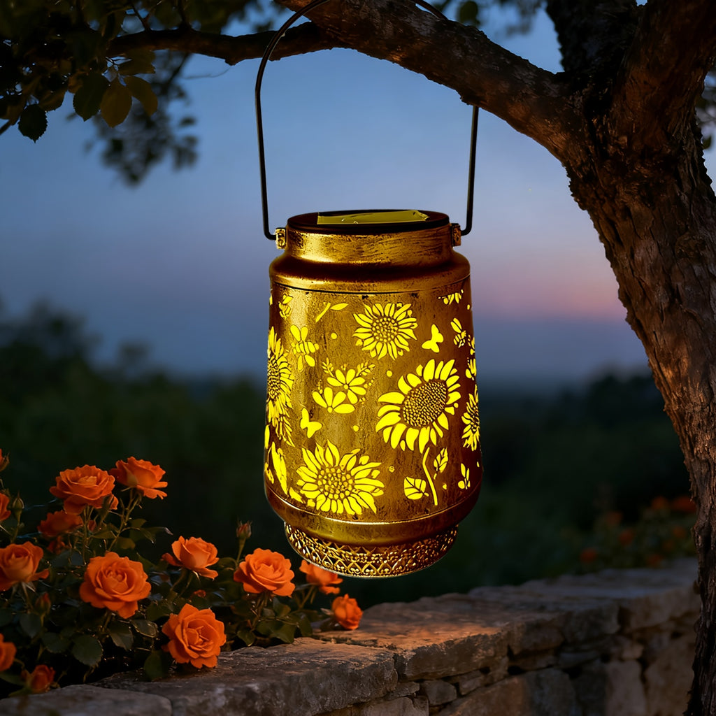 Lanterne solaire ajourée de tournesols, projection de motifs au sol