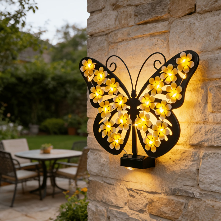 Applique solaire papillon en fer à fleurs jaunes, 35 cm