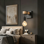 Applique murale bois et métal noir, câble enroulé et ampoule nue
