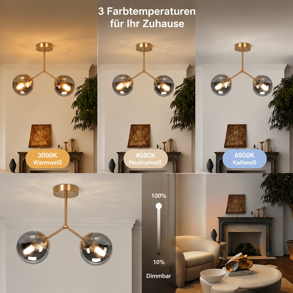 Lot de 2 plafonniers dorés à 2 globes en verre fumé, pour couloir