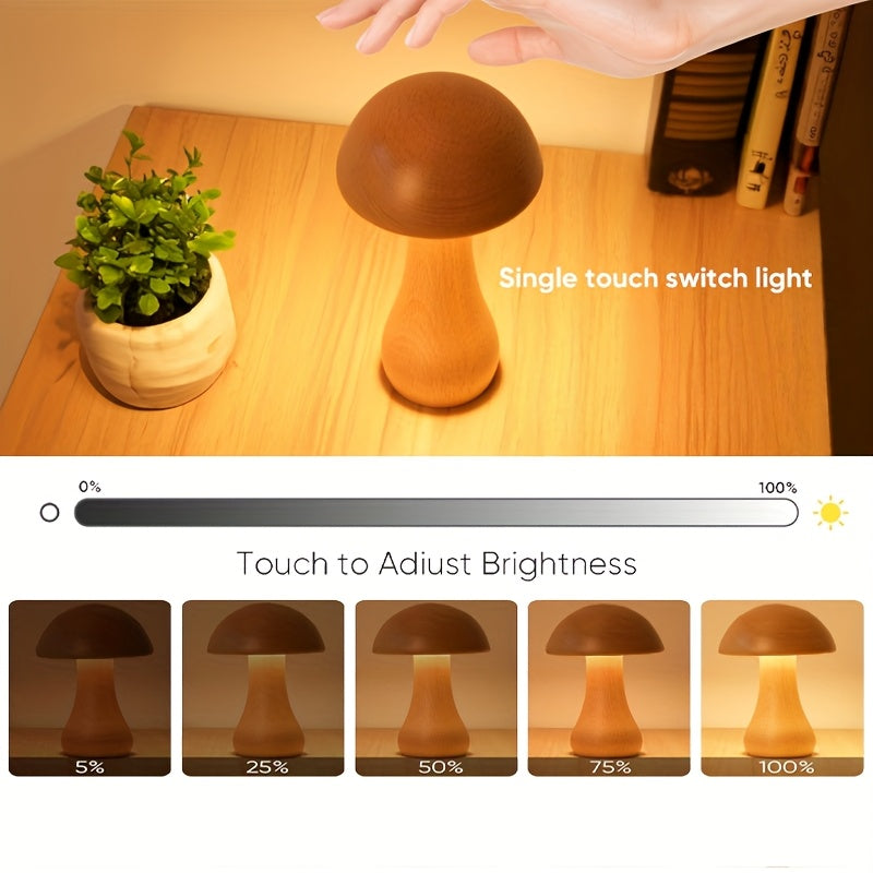 Lampe champignon effet bois, veilleuse tactile rechargeable 17 cm