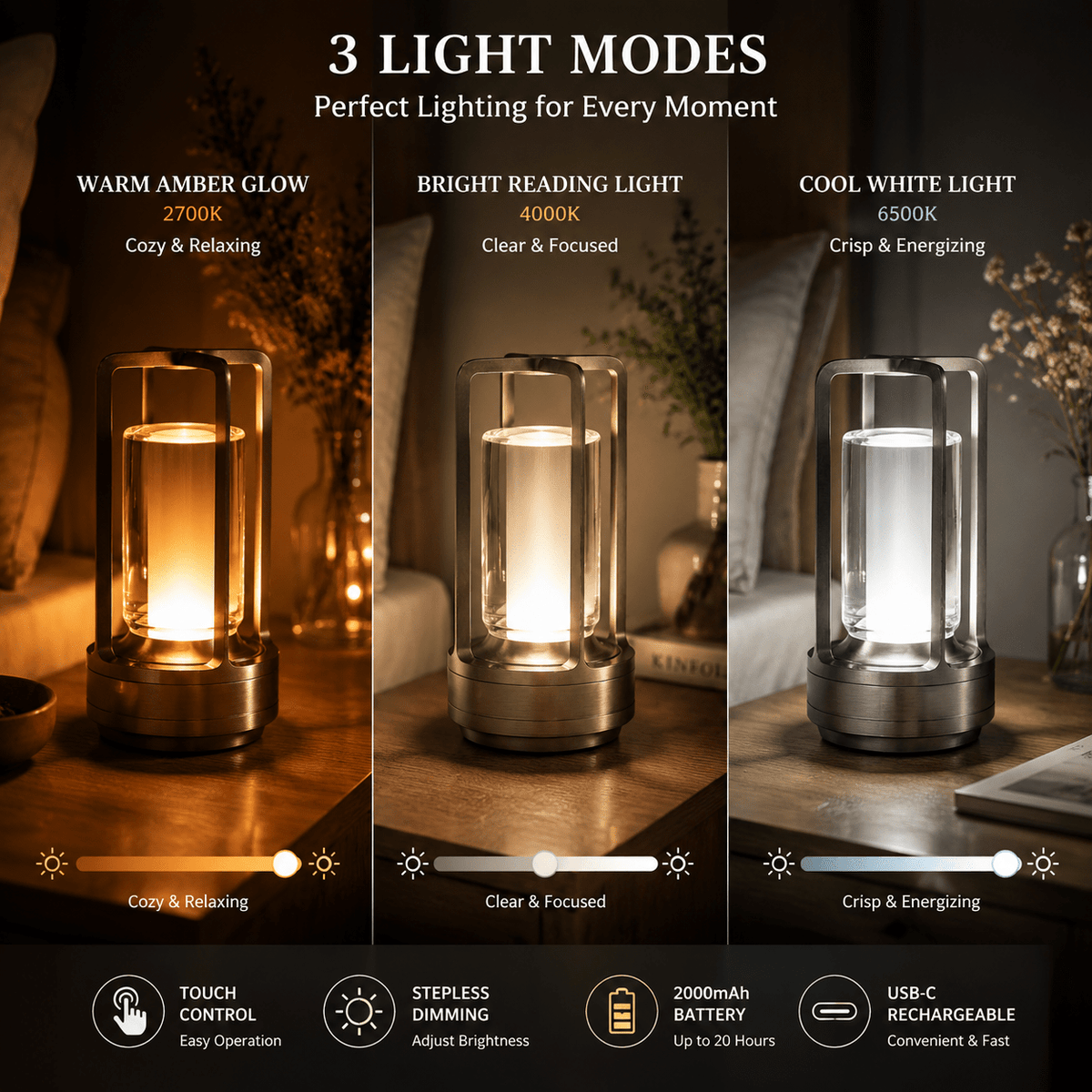 Lampe de table sans fil façon lanterne, cylindre cristal et métal