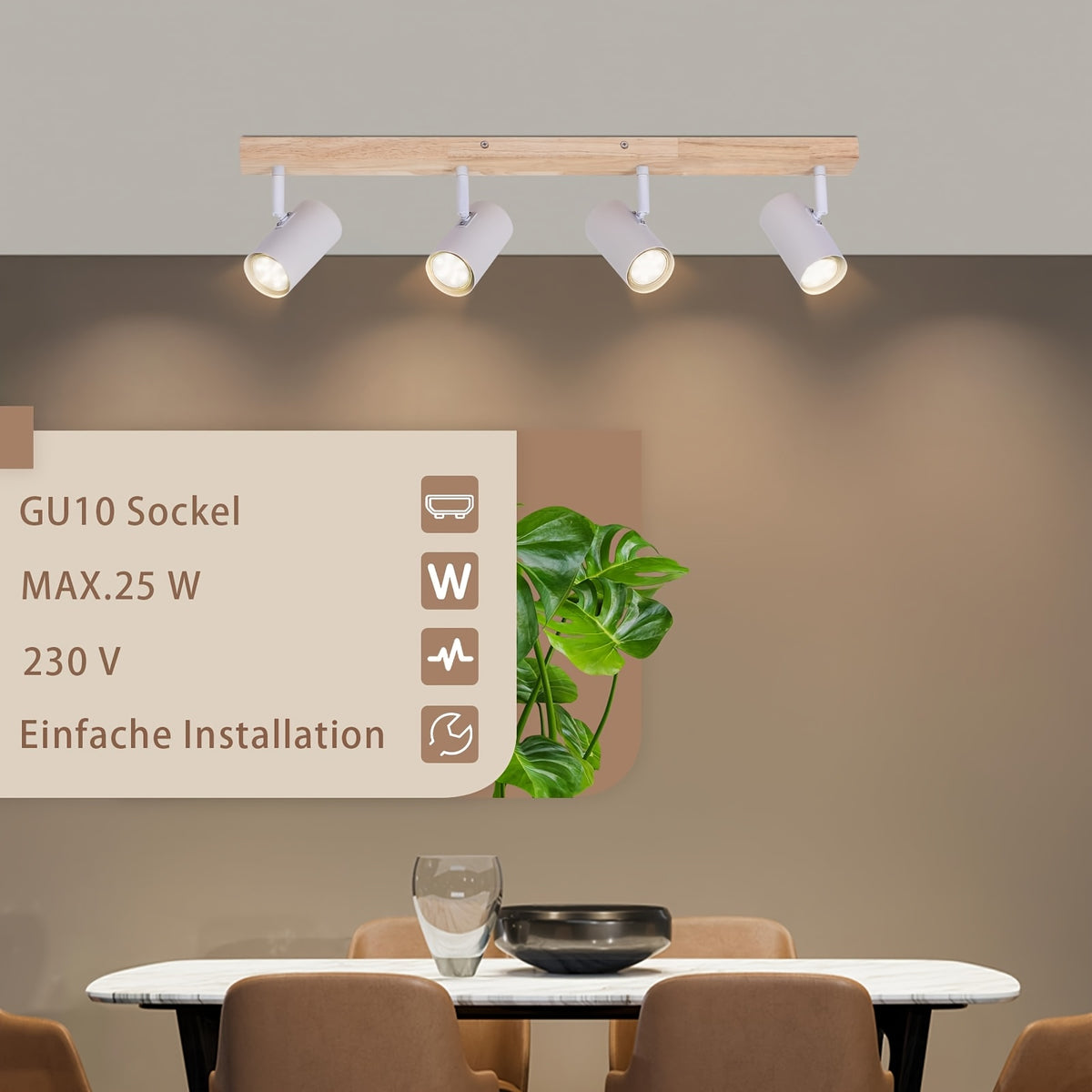 Plafonnier 4 spots GU10 orientables, spots blancs sur barre en bois