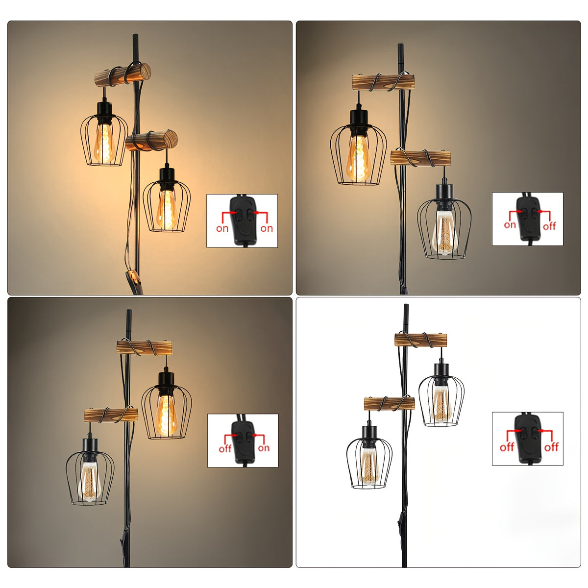Lampadaire industriel à une cage métal et bras en bois, 151 cm