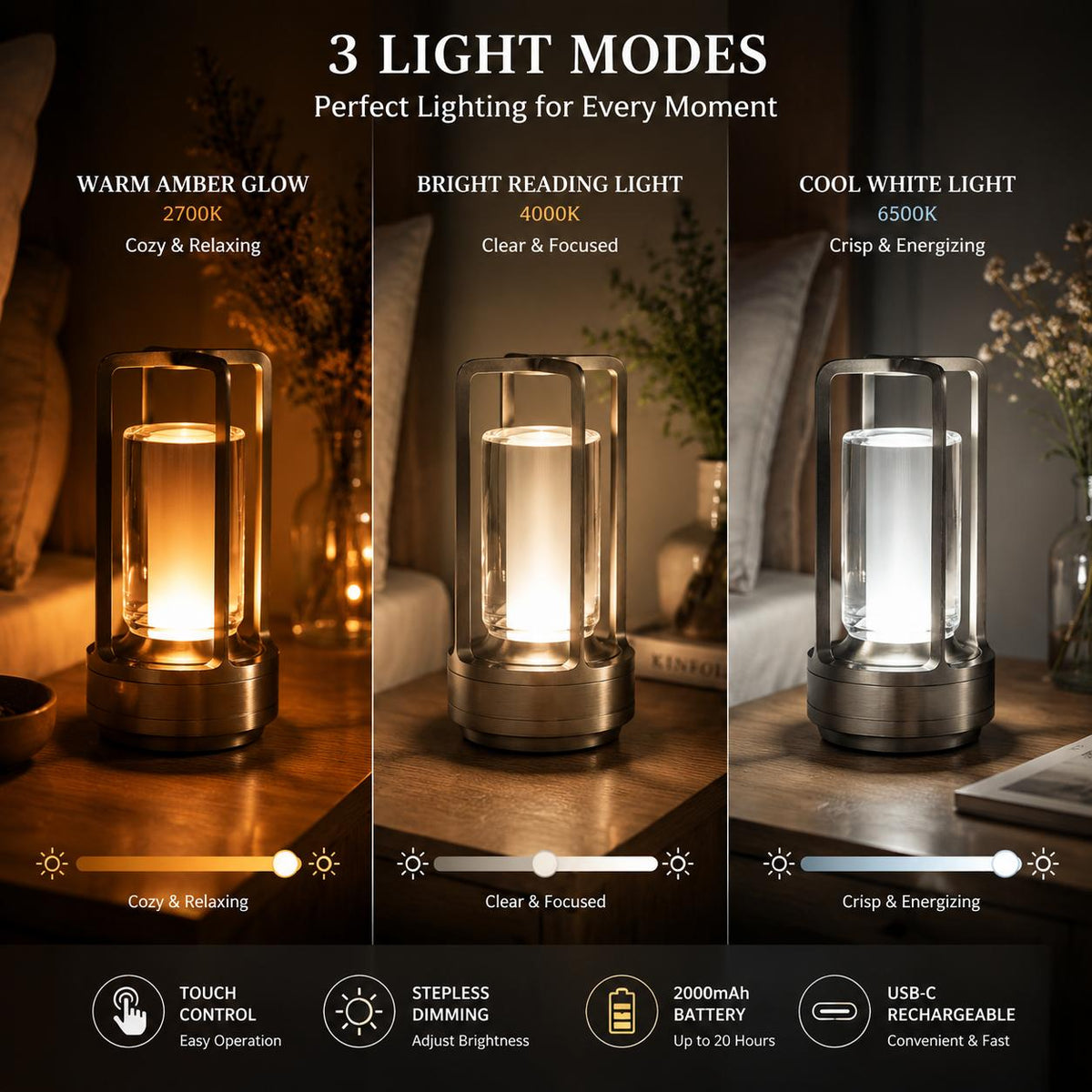 Lampe de table sans fil façon lanterne, cylindre cristal et métal