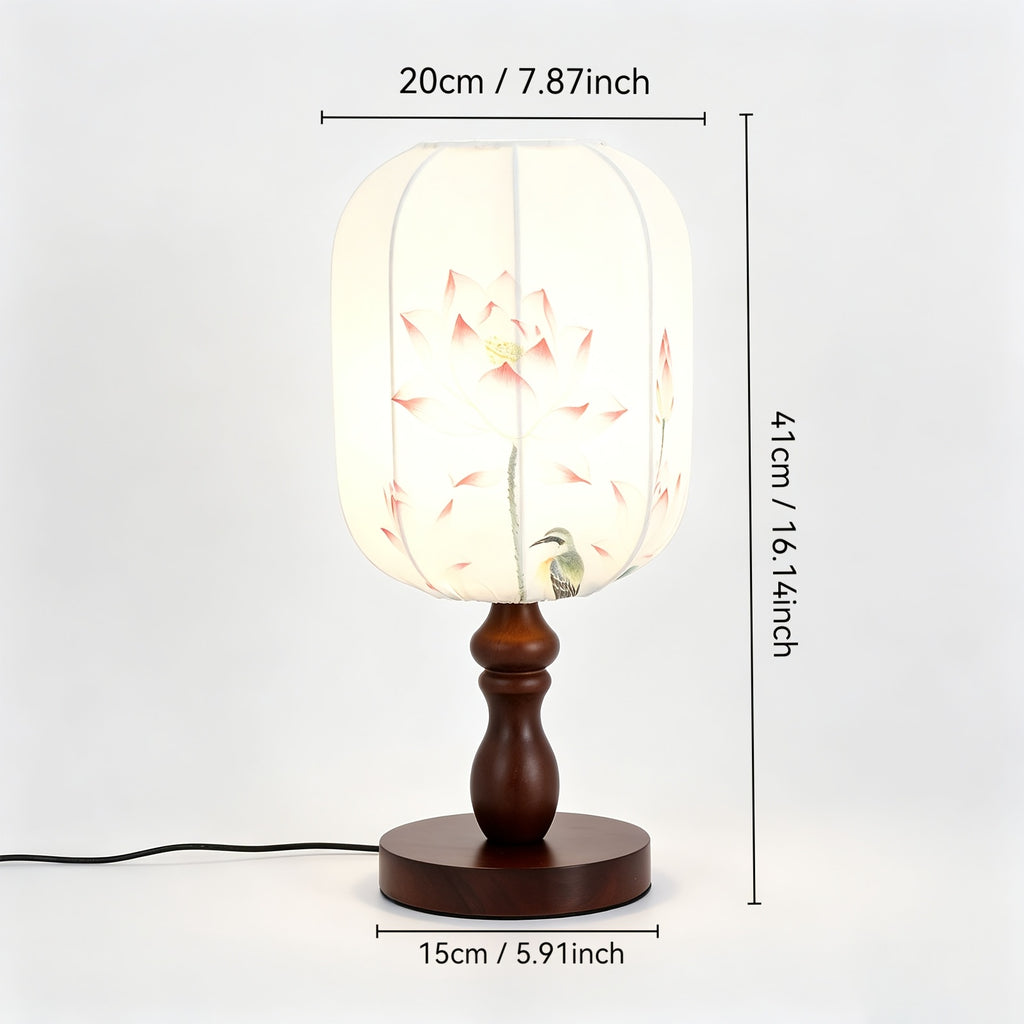 Lampe de chevet lanterne en tissu à décor d'estampe, pied en bois