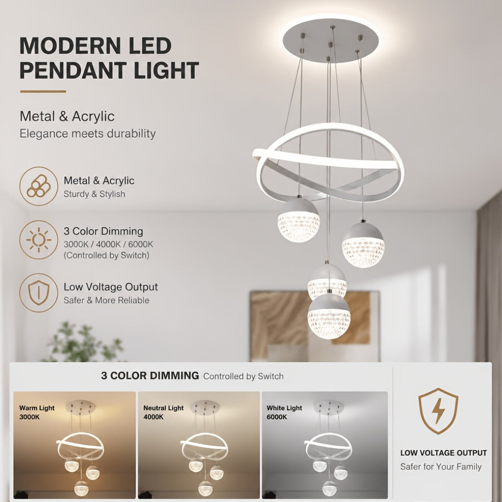 Lustre LED anneaux croisés et trois globes effet cristal, Ø 40 cm
