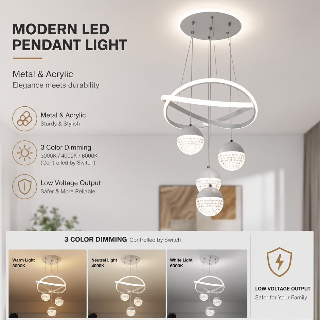 Lustre LED anneaux croisés et trois globes effet cristal, Ø 40 cm