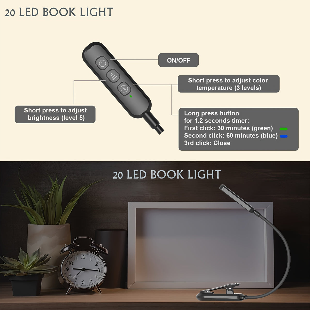 Lampe de lecture à pince avec arrêt programmé 30 ou 60 min, USB-C