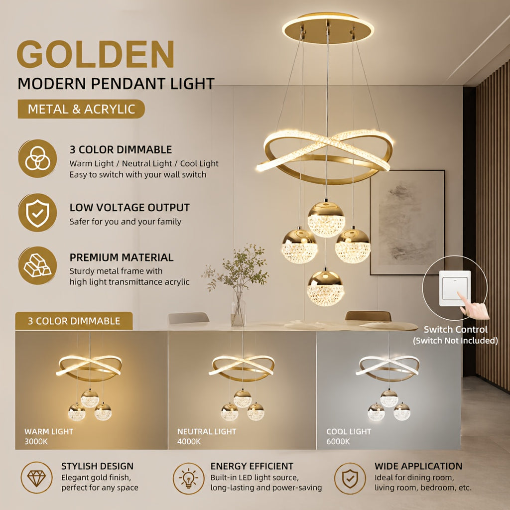 Lustre LED anneaux croisés et trois globes effet cristal, Ø 40 cm