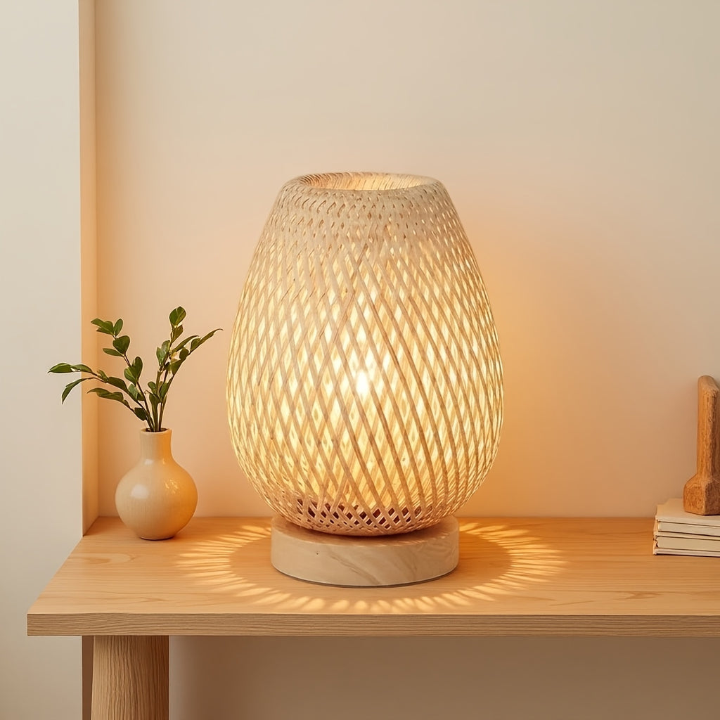 Lampe de chevet en rotin tressé forme œuf, socle bois et trois teintes