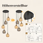 Suspension cascade 5 globes en verre ambré et fumé, hauteur 156 cm