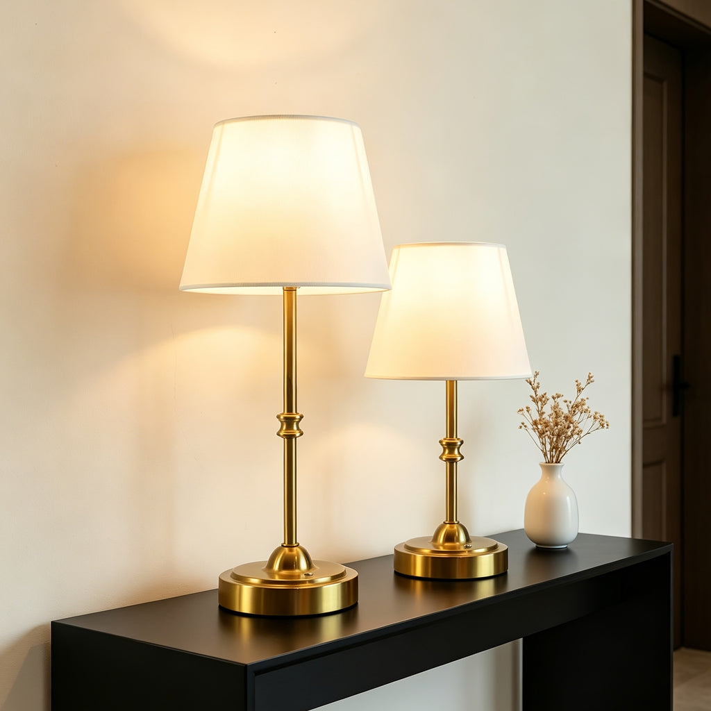 Lampe de chevet sans fil, abat-jour tissu blanc, pied doré, 2 tailles