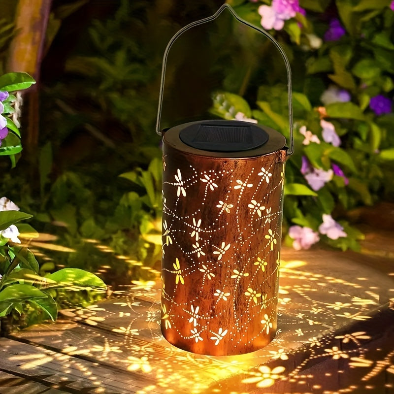 Lanterne solaire en métal cuivré ajouré de libellules, à suspendre